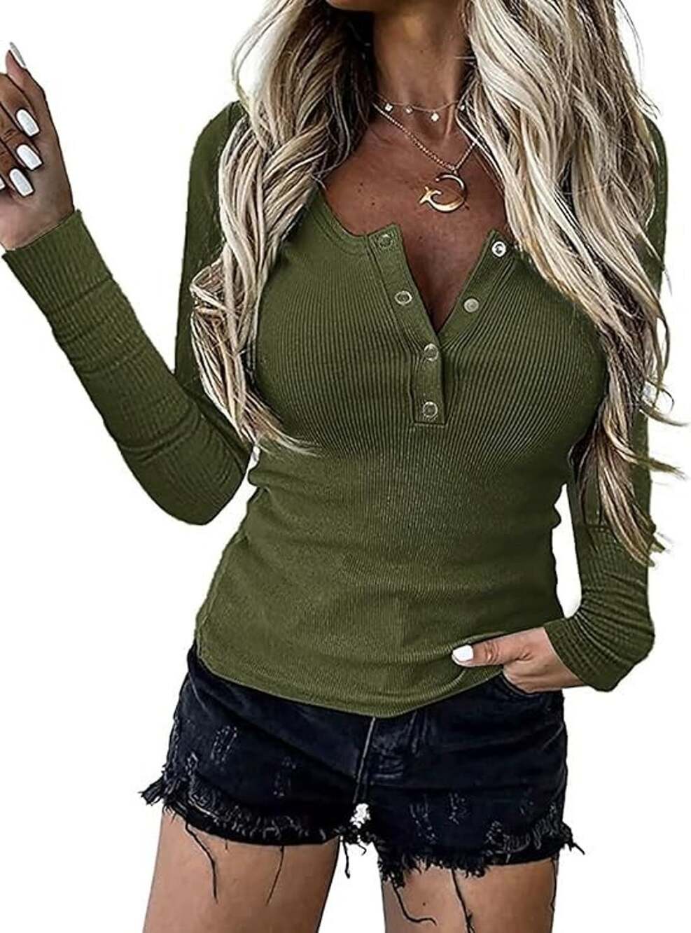 BTFBM Women Long Sleeve V Neck Button Up Henley Shirts Slim Fit Ribbed Knit